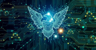 Abstrakcyjna wizualizacja przepływu danych tworząca wojskowy symbol USA; AI, błękit, zieleń.