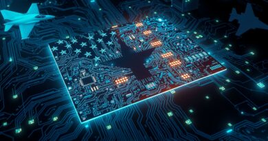 Stylizowana flaga USA z obwodów, podświetlona. Eteryczne sylwetki myśliwców i serwerowni. Futuryzm, technologia.