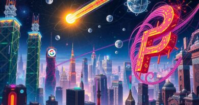 Surrealistyczny krajobraz miasta z cyfrowych nici, kometa z wynikami wyszukiwania, Google i Perplexity w kosmicznym tańcu.