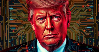 Stylizowany portret Trumpa z obwodów i strumieni danych, symbolizujący jego plan dla AI i potencjalną deregulację.
