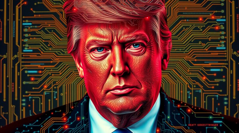 Stylizowany portret Trumpa z obwodów i strumieni danych, symbolizujący jego plan dla AI i potencjalną deregulację.
