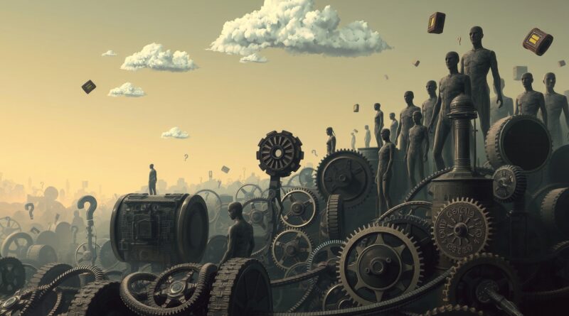 Zmechanizowany krajobraz przechodzi w ludzkie postacie, cyfrowe chmury-znaki zapytania symbolizują aspiracje wobec sztucznej inteligencji.