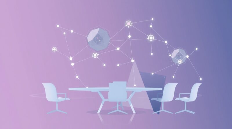 Abstrakcyjna wizja spotkania biznesowego wspieranego przez AI Proactor: płynna integracja, proaktywność, przyszłość współpracy.