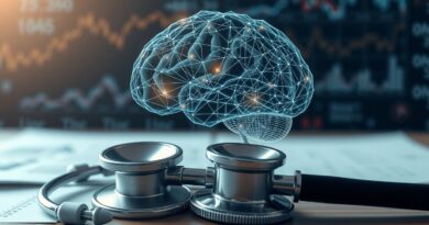 Cyfrowy mózg z sieci neuronowych nakładający się na stetoskop lekarza. Tło z danych medycznych.