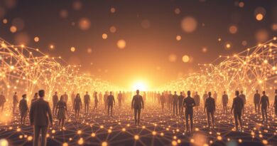 Abstrakcyjna sieć neuronowa prowadzi ludzi do złotego horyzontu. Harmonijna technologia wspiera ludzkie wartości.