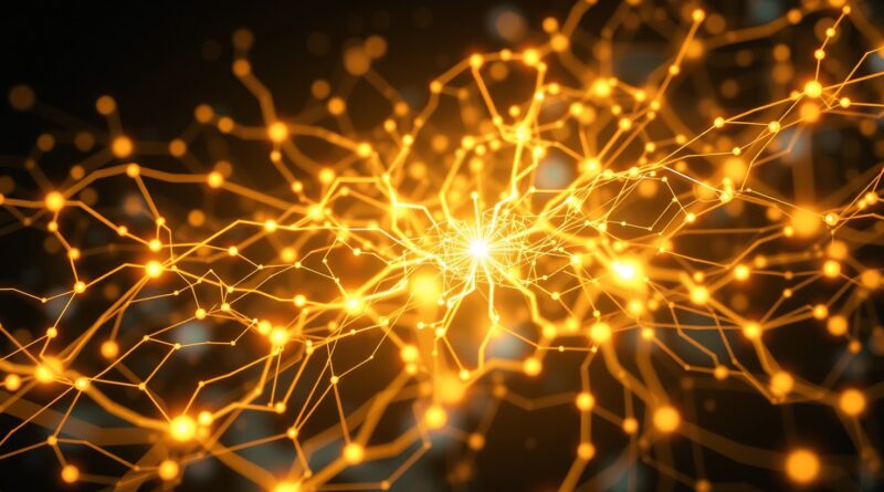 Abstrakcyjna wizualizacja sieci neuronowych symbolizująca proces rozumowania dużego modelu językowego, z ReasonFlux-PRM w centrum.