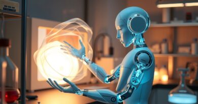 Bioluminescencyjny, miękki robot delikatnie manipuluje abstrakcyjnymi formami w laboratorium, sterowany systemem głębokiego uczenia.