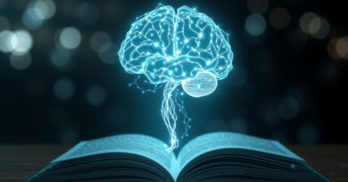 Świecące ścieżki neuronowe w otwartej książce tworzą stylizowany mózg, symbolizują przejście od nauki pozycyjnej do semantycznej.