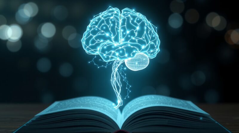 Świecące ścieżki neuronowe w otwartej książce tworzą stylizowany mózg, symbolizują przejście od nauki pozycyjnej do semantycznej.