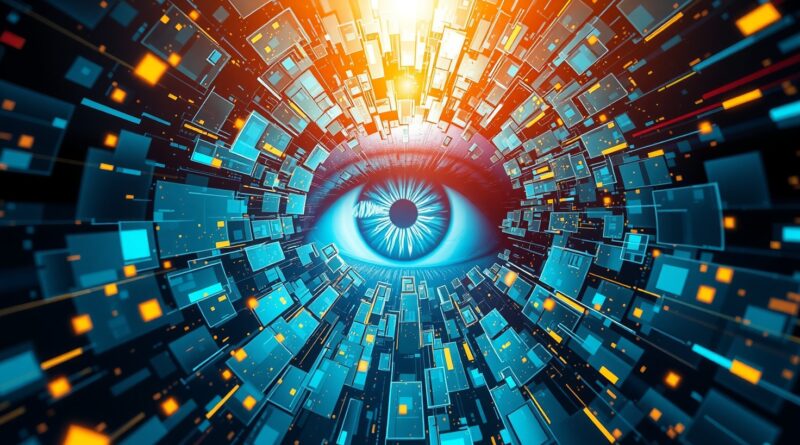 Pryzmatyczne oko wynurza się z cyfrowej mozaiki, symbolizując prawdę wykrywaną przez AI w deepfake'ach.