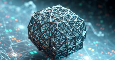 Iridescentna struktura metamateriału kratownicowego na tle cyfrowej sieci neuronowej, symbolizująca innowacje w projektowaniu AI.