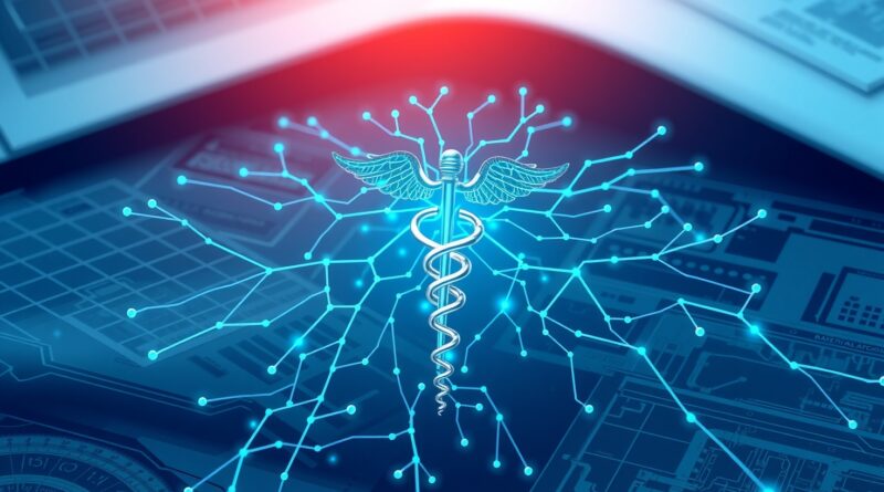 Neuronowa sieć i kaduceusz na tle dokumentów i planów, symbolizujące AI w regulacjach medycyny.