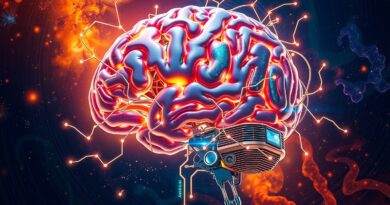 Ludzki mózg splata się z obwodami AI na tle galaktyki, symbolizując innowacje i ludzką kreatywność.