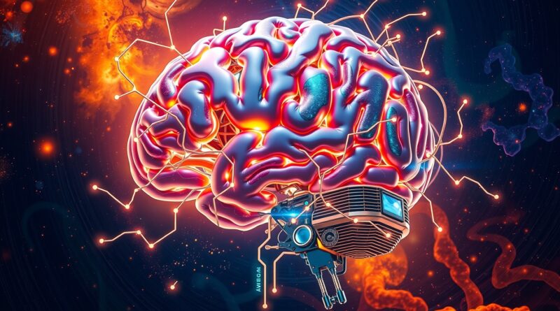 Ludzki mózg splata się z obwodami AI na tle galaktyki, symbolizując innowacje i ludzką kreatywność.