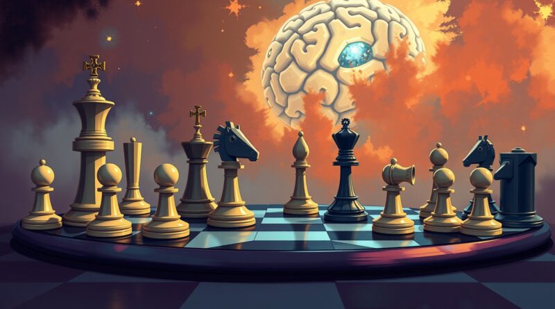 Szachowa rozgrywka między firmami AI. Sutskever jako królowa, Meta jako wieża. Futurystyczny krajobraz.