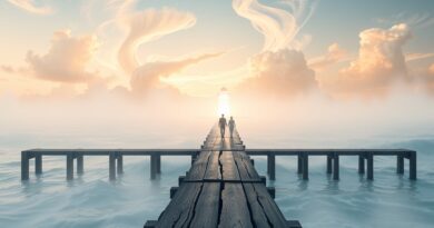 Eteryczny pejzaż morski: przystań, molo tonące we mgle, symbol poszukiwania sensu w dobie AI.