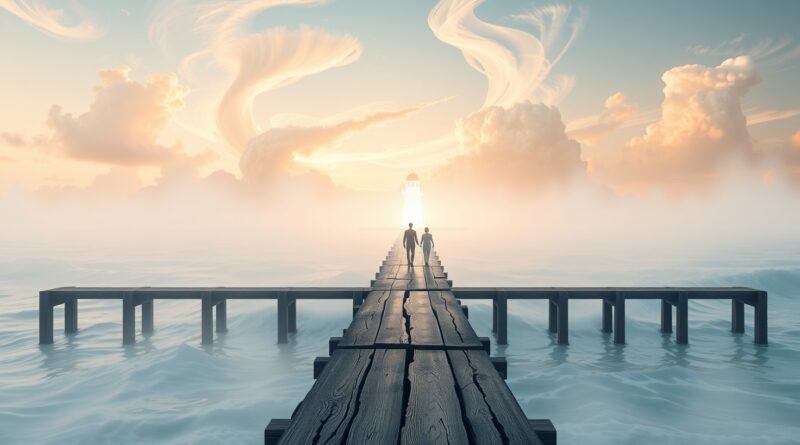 Eteryczny pejzaż morski: przystań, molo tonące we mgle, symbol poszukiwania sensu w dobie AI.