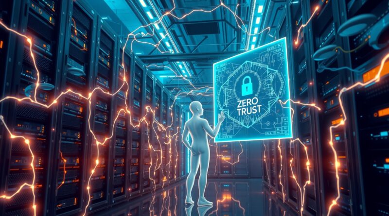 Futurystyczne centrum danych. Sieć świetlna, serwery. Postać analizuje zabezpieczenia Zero Trust. Cyfrowa innowacja, czujność.