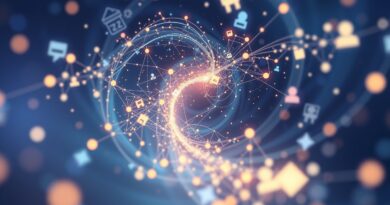 Abstrakcja przyszłości handlu detalicznego: chłodne barwy, wir danych, personalizacja, sztuczna inteligencja, interakcje z klientem.