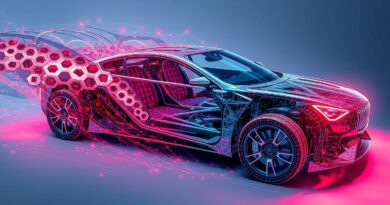 Chassis pojazdu przekształca się w geometryczne wzory i świecące sieci neuronowe. Futurystyczny design, innowacja, technologia.