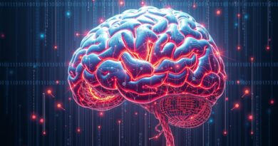 Cybernetyczny mózg, neuronowa sieć iskrząca się kodem, subtelny binarny deszcz. Przyszłość programowania AI.