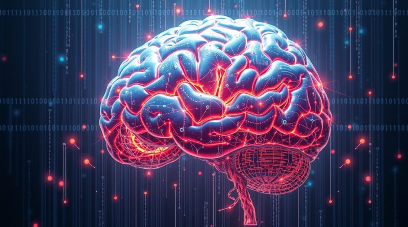 Cybernetyczny mózg, neuronowa sieć iskrząca się kodem, subtelny binarny deszcz. Przyszłość programowania AI.
