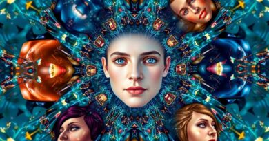 Abstrakcyjny kalejdoskop twarzy i symboli kulturowych, reprezentujący wyzwania oceny AI w kontekście ukrytych uprzedzeń.