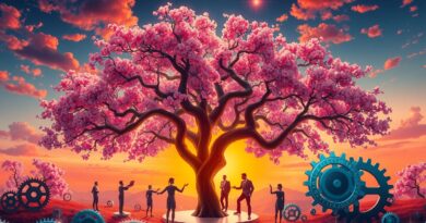 Surrealistyczny krajobraz z zębatek jako drzewa, abstrakcyjne postacie, cyfrowy zachód słońca, połączenie technologii i ludzi.