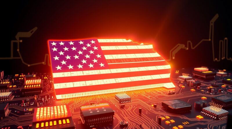 Abstrakcyjna płyta główna z obwodami w kształcie flagi USA, symbol odrodzenia produkcji chipów.