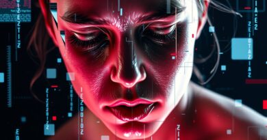 Zniekształcona twarz w interfazie mediów społecznościowych, symbolizująca stronniczość algorytmów w detekcji depresji.