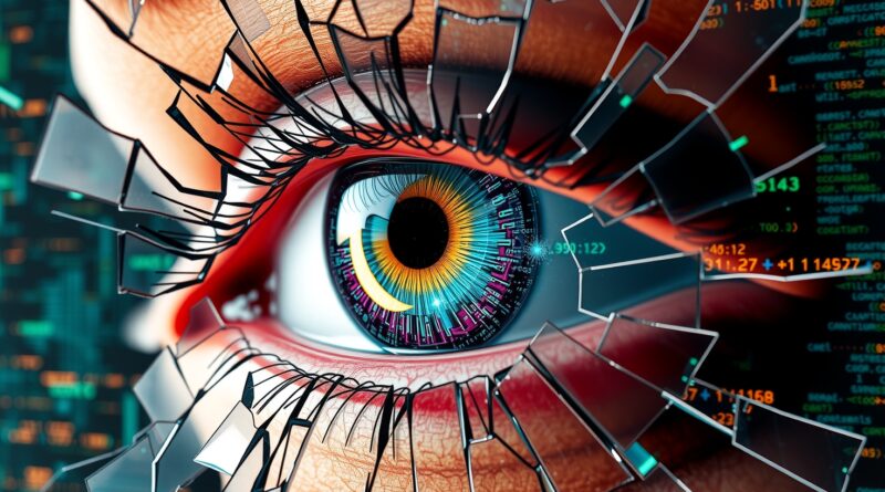 Surrealistyczne oko z kodu Pythona spogląda przez pęknięty ekran, analizując abstrakcyjny strumień danych.