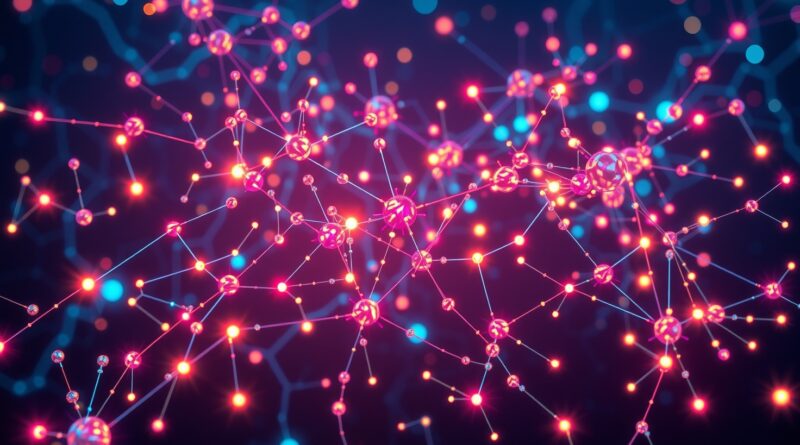 Abstrakcyjna sieć neuronowa, połączone węzły AI, komunikacja, przepływ danych, żywe kolory, rendering cyfrowy.