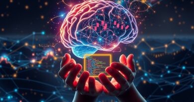 Świecący mózg z kodu nad cyfrowym krajobrazem serwerów, odzwierciedlony w terminalu trzymanym w dłoniach.