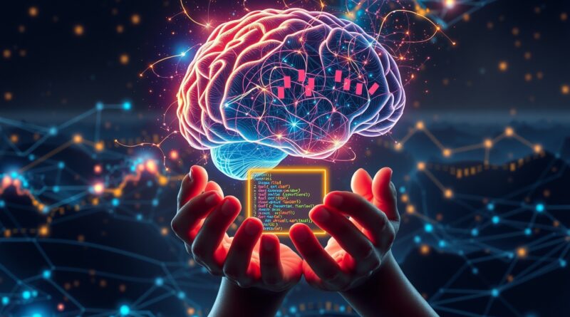 Świecący mózg z kodu nad cyfrowym krajobrazem serwerów, odzwierciedlony w terminalu trzymanym w dłoniach.