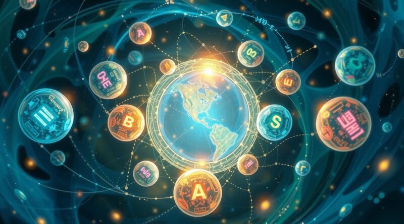 Świetliste orby symbolizujące języki wirują wokół pulsującego centrum, przedstawiając ideę tłumaczenia AI.