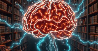 Świecący mózg spleciony z bibliotecznymi regałami, strumienie danych i lupy symbolizują precyzyjne pozyskiwanie wiedzy RAG.