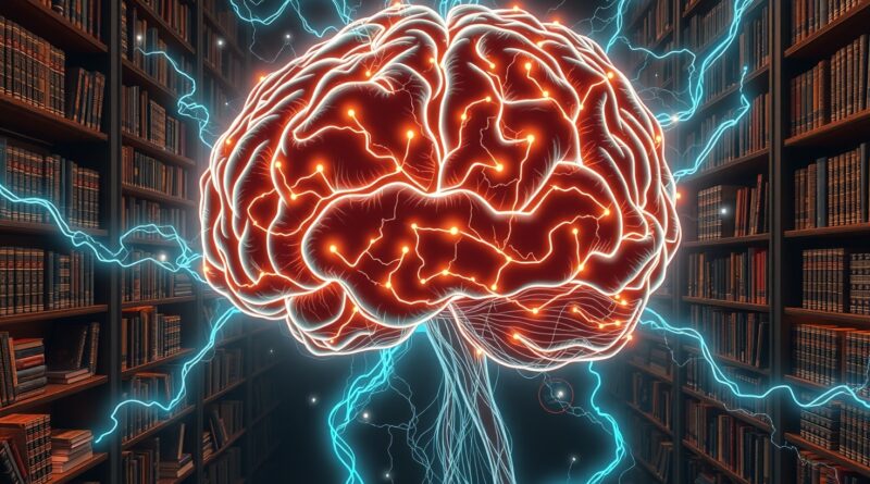 Świecący mózg spleciony z bibliotecznymi regałami, strumienie danych i lupy symbolizują precyzyjne pozyskiwanie wiedzy RAG.