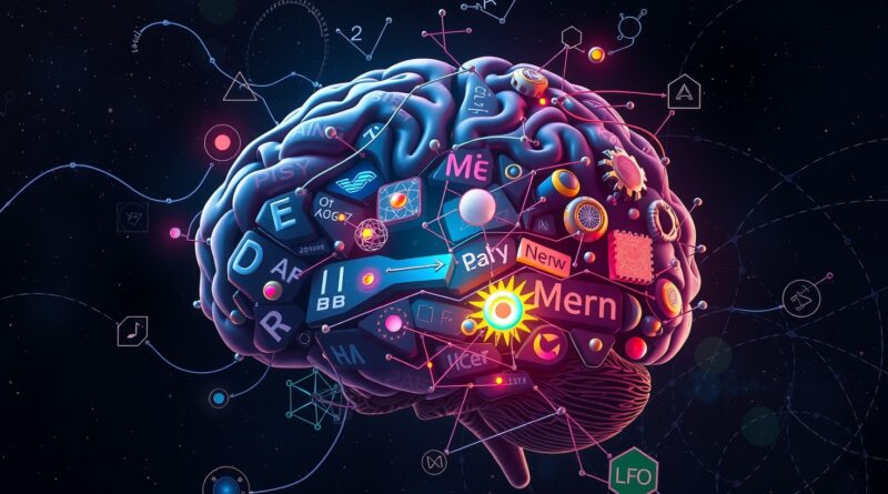 Stylizowany mózg z obwodami, żonglujący równaniami, pod presją, pękający, w kosmosie. Odzwierciedlenie obciążenia modeli rozumujących.