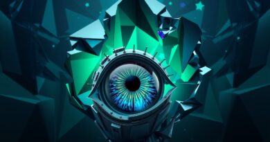 Abstrakcja geometryczna: fraktalna przestrzeń 3D w szmaragdach i szafirach z robotycznym okiem RealSense.