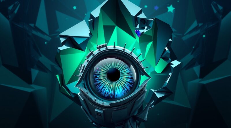Abstrakcja geometryczna: fraktalna przestrzeń 3D w szmaragdach i szafirach z robotycznym okiem RealSense.