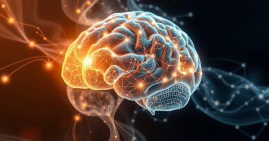 Abstrakcyjna fraktalna reprezentacja procesu rozumowania LLM, ścieżki w strukturze mózgu, decyzje, ewolucja myśli.