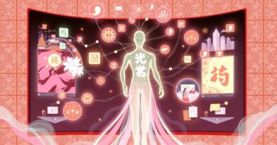 Art Deco: Stylizowana postać z sieci, wyłaniająca się z ekranu z chińskimi symbolami i lifestyle'em.