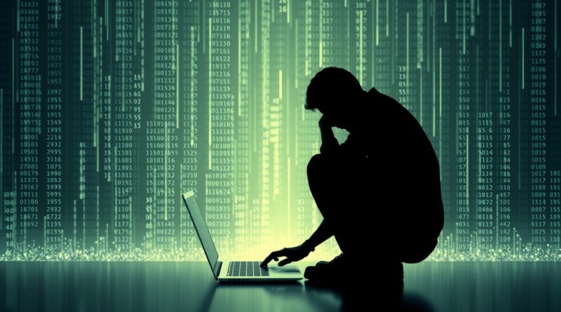 Silueta programisty na tle kodu, oświetlona ekranem laptopa; symbol offline'owego kodowania z lokalnymi modelami językowymi.