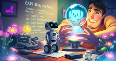 Reachy Mini na biurku giganta-programisty, otoczony kodem Python i logo Hugging Face.