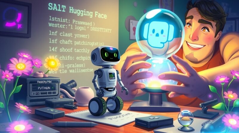 Reachy Mini na biurku giganta-programisty, otoczony kodem Python i logo Hugging Face.