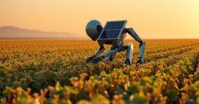 Futurystyczny robot pielęgnuje złote pole w zachodzącym słońcu. Ekologiczne rolnictwo z wykorzystaniem energii słonecznej.