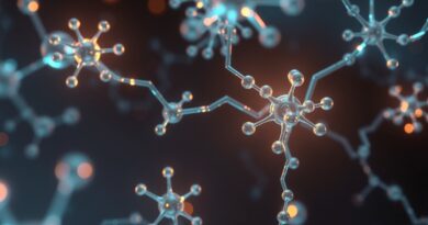 Bioluminescencyjna sieć molekularna 3D w kosmosie, ilustruje projektowanie leków przez AI (SYNCOGEN).