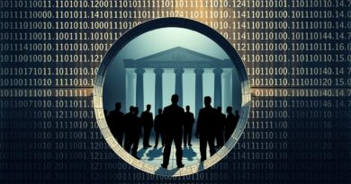 Kluczowa dziurka z kodu binarnego otwiera widok na salę sądową. Spór o prywatność danych w erze AI.