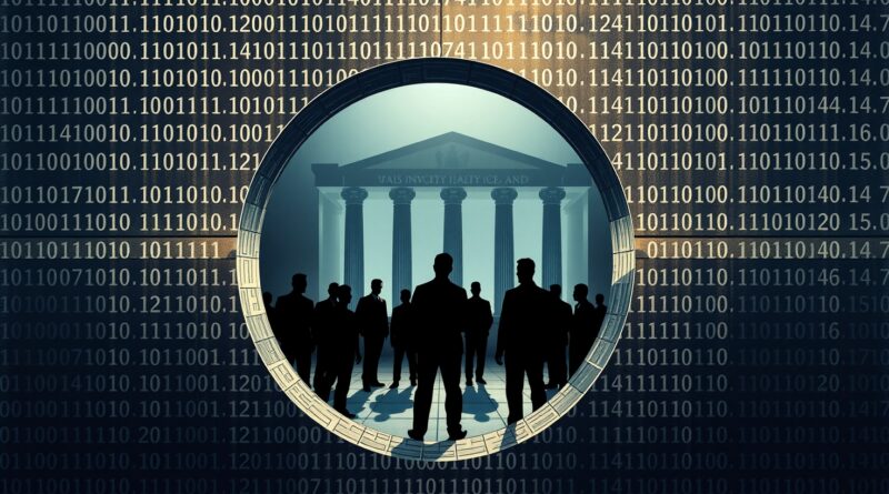 Kluczowa dziurka z kodu binarnego otwiera widok na salę sądową. Spór o prywatność danych w erze AI.