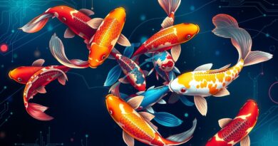 Kolorowe, stylizowane koi w dynamicznej formacji, symbolizujące zespołową inteligencję AI Sakana, przełamującą bariery LLM.